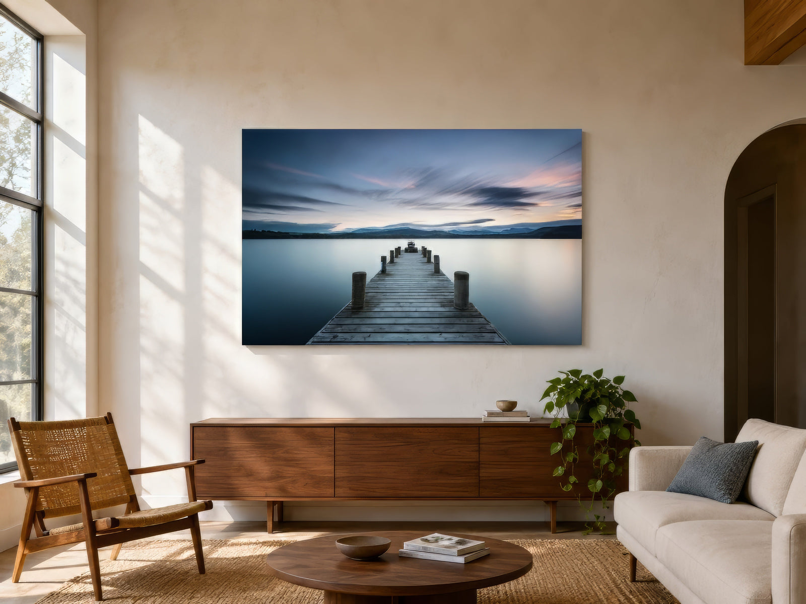 Seascape canvas of a wooden jetty over still blue lake water at twilight, hung in a coastal living room above walnut sideboard