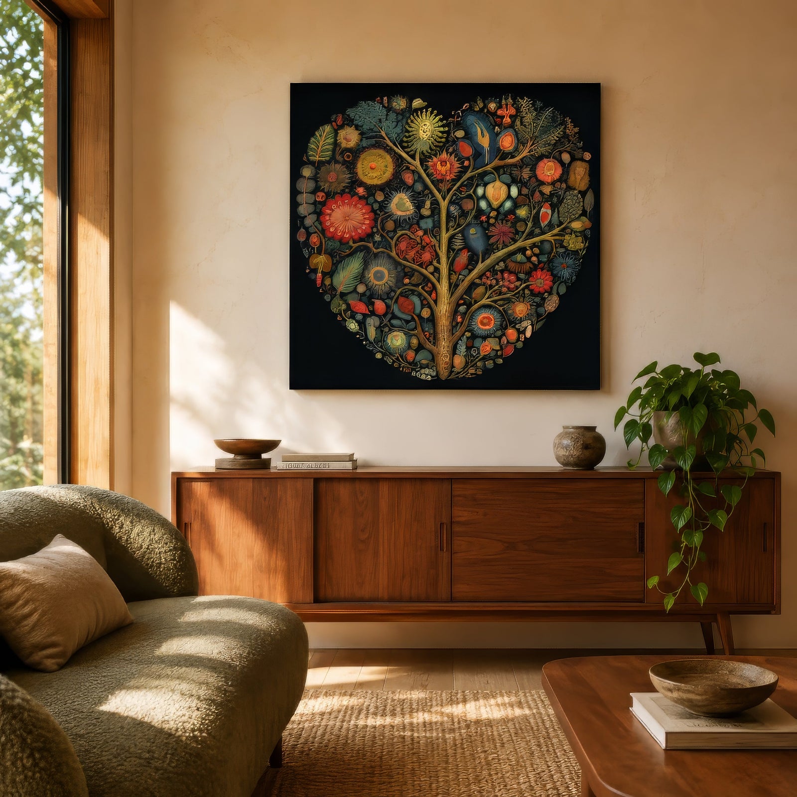 Heart-shaped Tree of Life canvas in red, gold, and green folk-art florals above a walnut credenza in a sunlit living room.