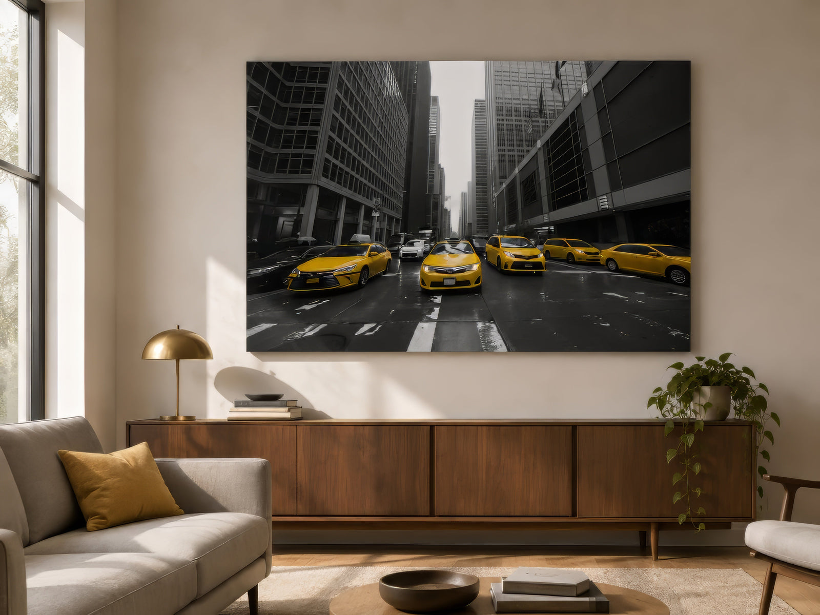 Selective-colour print of yellow cabs on a monochrome city street, framed above a walnut sideboard in a serene living room
