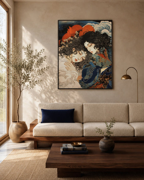 Contemporary modern portrait of two embracing women in navy, gold, and orange, framed above a greige sofa in an airy living room.