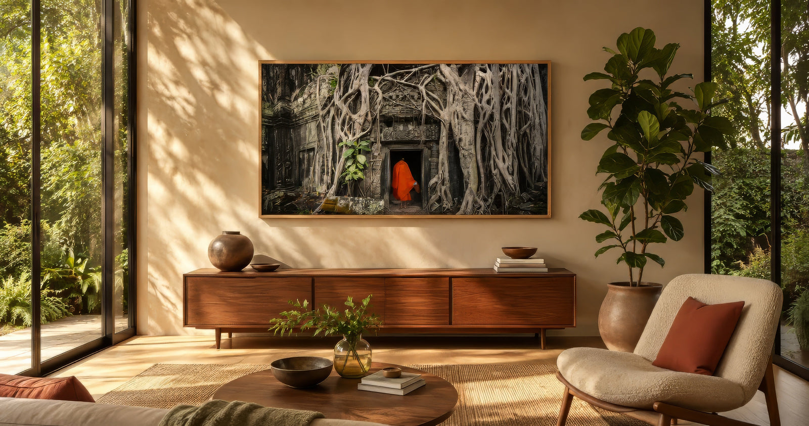 Framed canvas of a banyan-covered temple ruin with a saffron-robed monk, earthy greens and orange, in a sunlit sunroom with rattan seating.