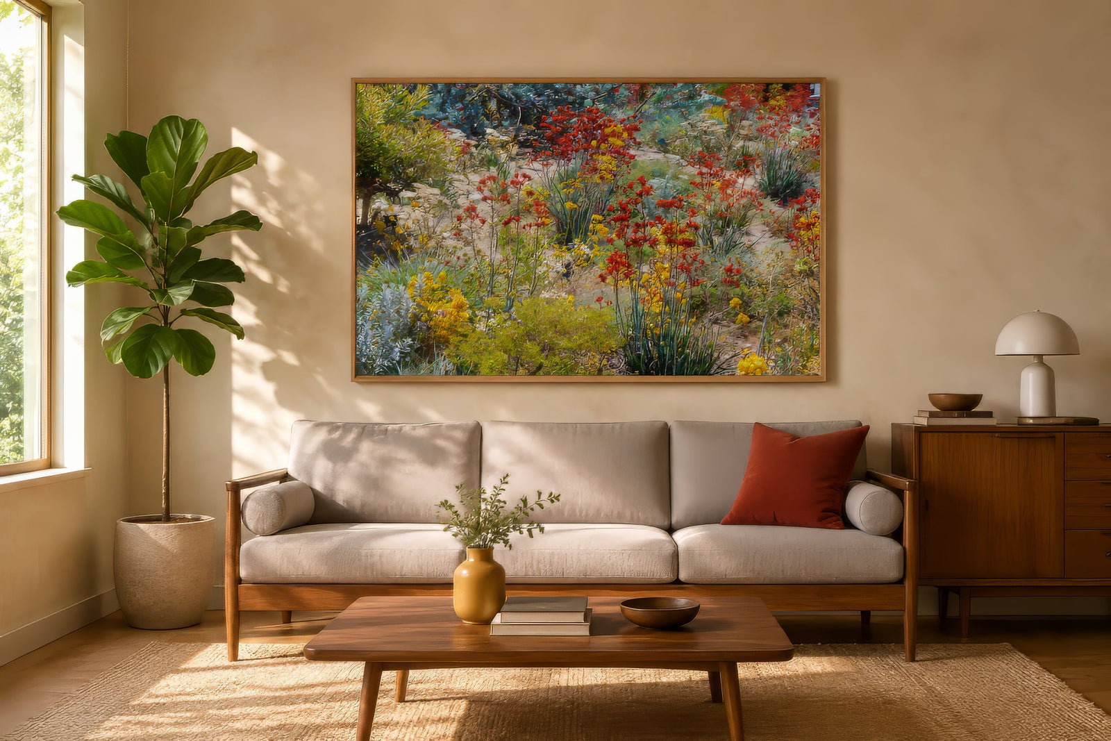 Multicolor abstract wildflower meadow canvas in red, gold and green, framed above a neutral linen sofa in a sunlit modern living room.