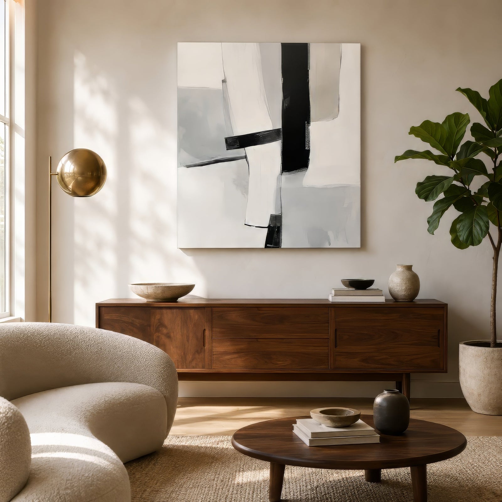 Black, gray, and ivory abstract canvas with intersecting planes, hung above a floating walnut credenza in a warm modern living room.