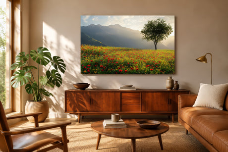 Colorful landscape canvas of a solitary tree over a red poppy meadow and blue mountains above a walnut console in a sunlit living room.