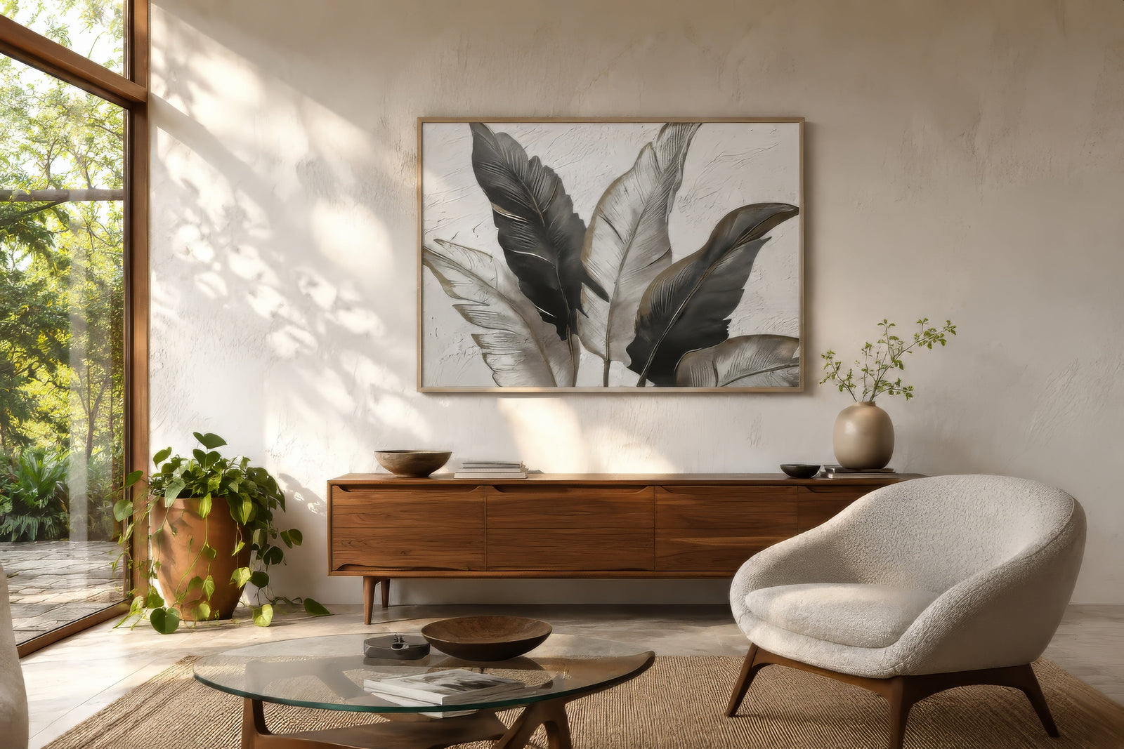 Botanical wall art of broad tropical leaves in charcoal and gray, framed in light wood above a walnut credenza in a bright sunroom.