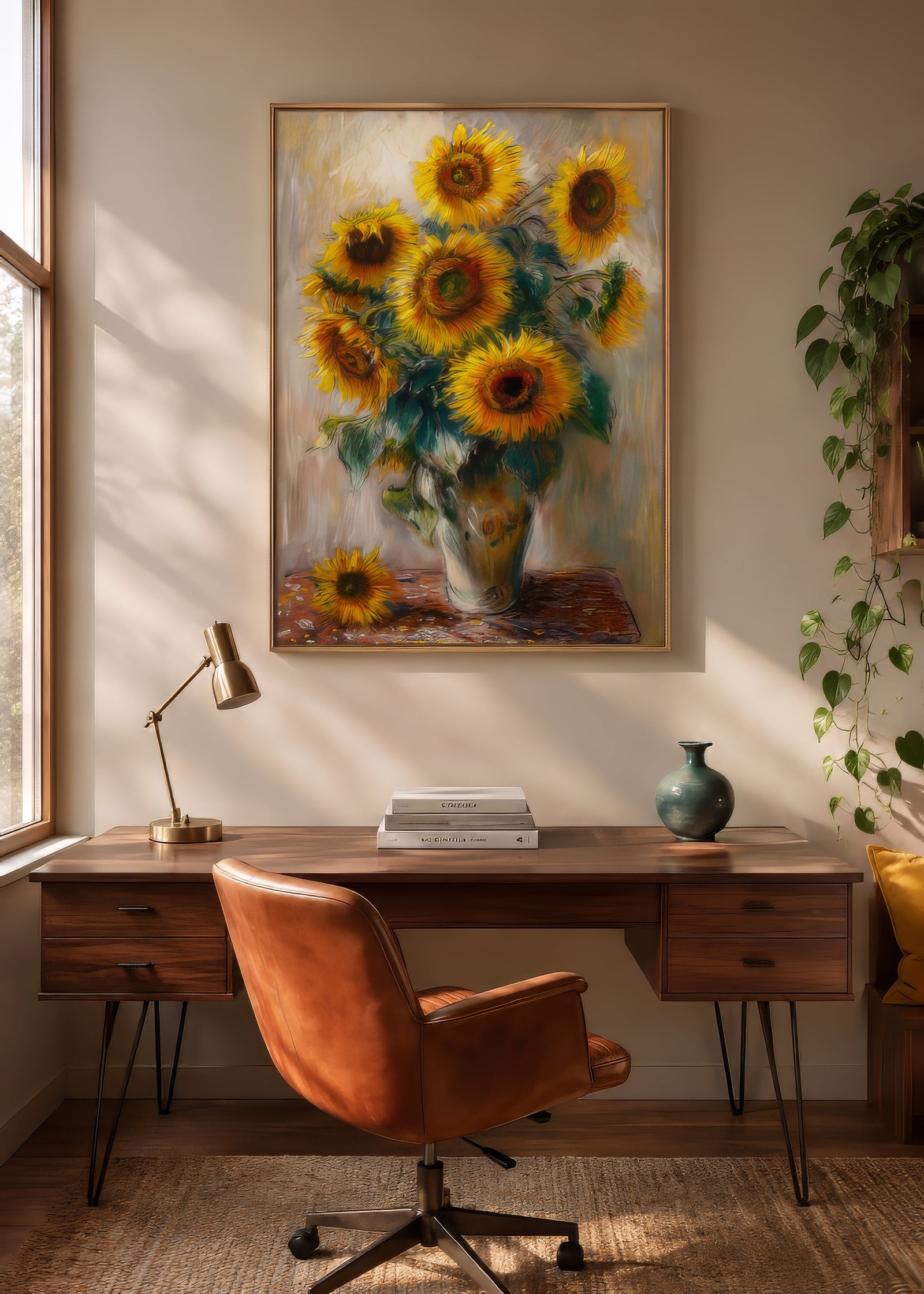 Impressionist sunflower bouquet canvas in gold, green, and amber, framed above oak desk in warm sunlit home office.