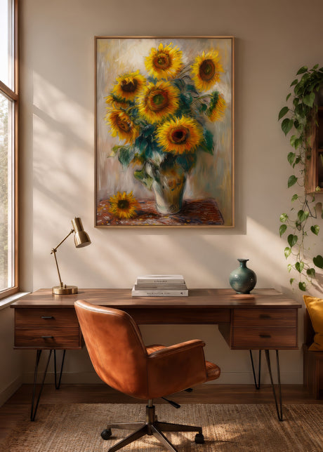 Impressionist sunflower bouquet canvas in gold, green, and amber, framed above oak desk in warm sunlit home office.