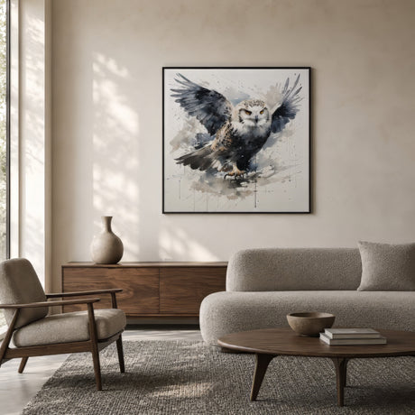Watercolor snowy owl with spread wings in muted gray and taupe, framed above a beige sofa in a serene minimalist living room.