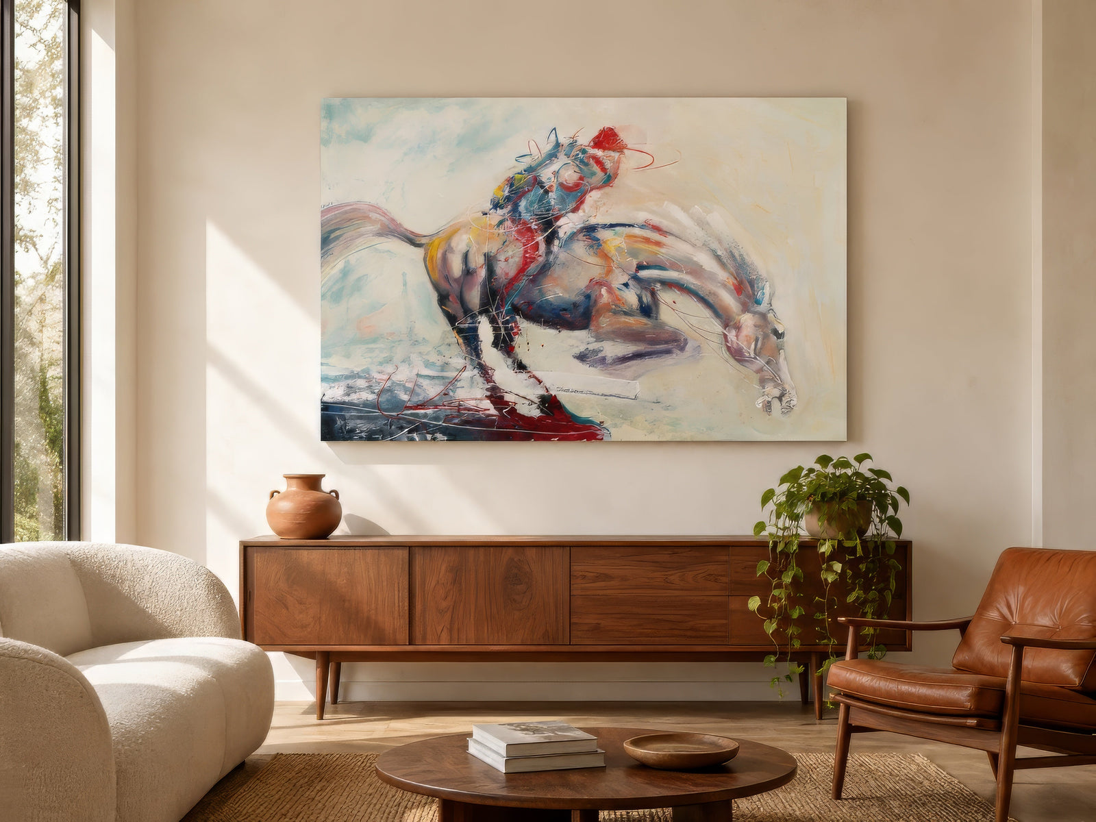 Loose brushwork painting of horse and rider in cream, tan and red above walnut sideboard in contemporary living room