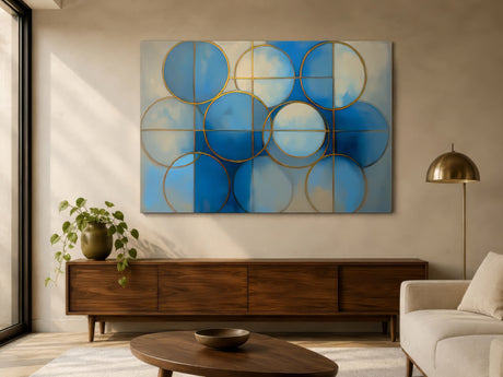 Contemporary abstract canvas of blue spheres and gold lines hung above walnut sideboard in airy modern living room.