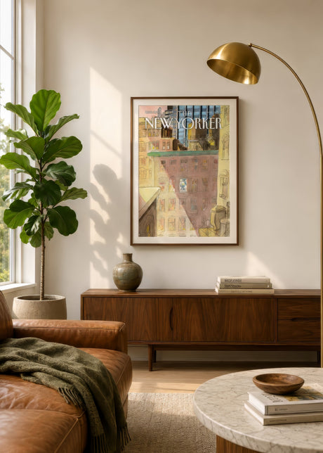Framed vintage New Yorker magazine cover in gold and pink tones, walnut frame above a mid-century sideboard in a sunlit living room.