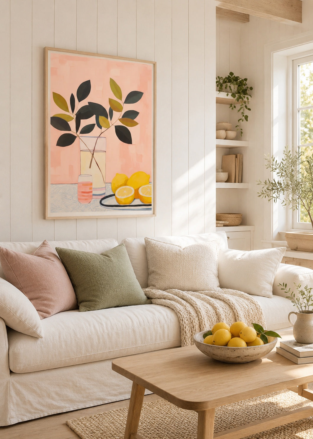 Pink still-life canvas of lemons and green leaves in a vase, framed above an ivory sofa in a warm contemporary living room.