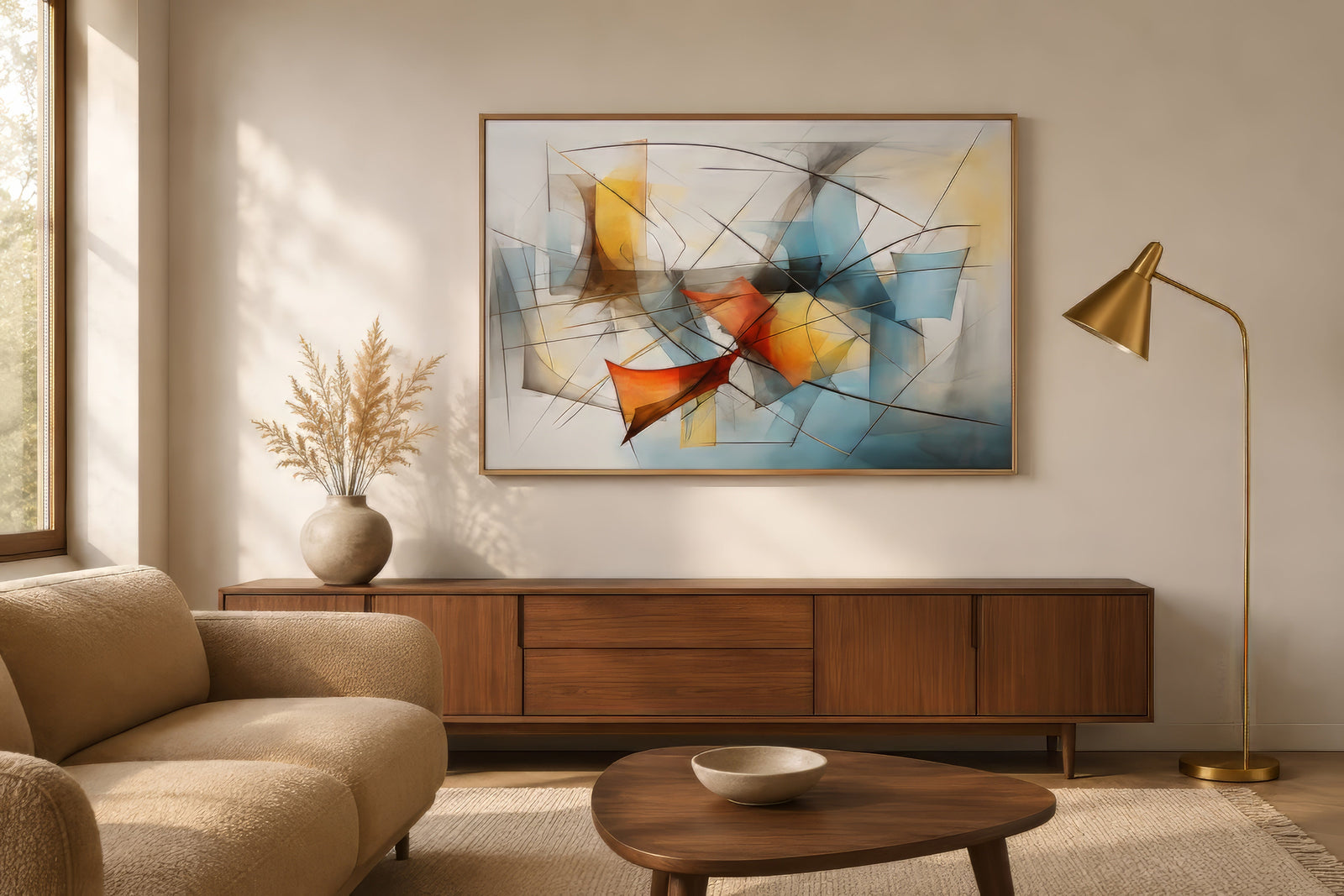 Minimalist geometric abstract wall art in blue, amber, and rust tones, framed in wood above a linen sofa in a warm neutral living room.