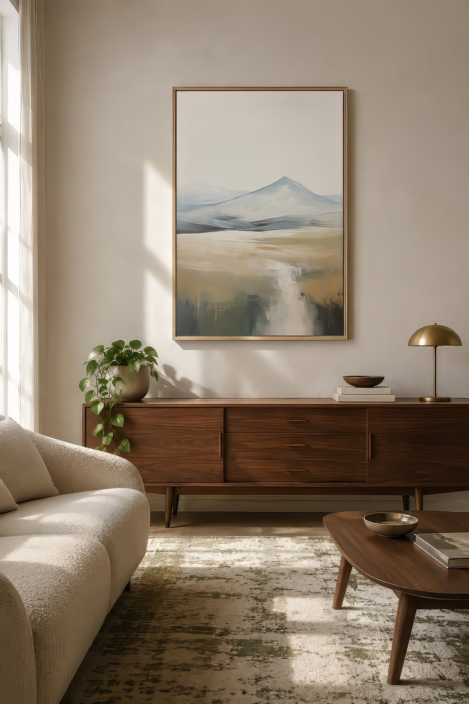 Minimalist mountain valley print in sage and gold, wood frame above a walnut console in a styled neutral living room.