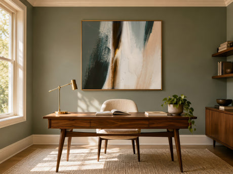 Minimalist abstract brushstroke canvas in sage, ivory, and gold, framed above a wood desk in a calm green home office.