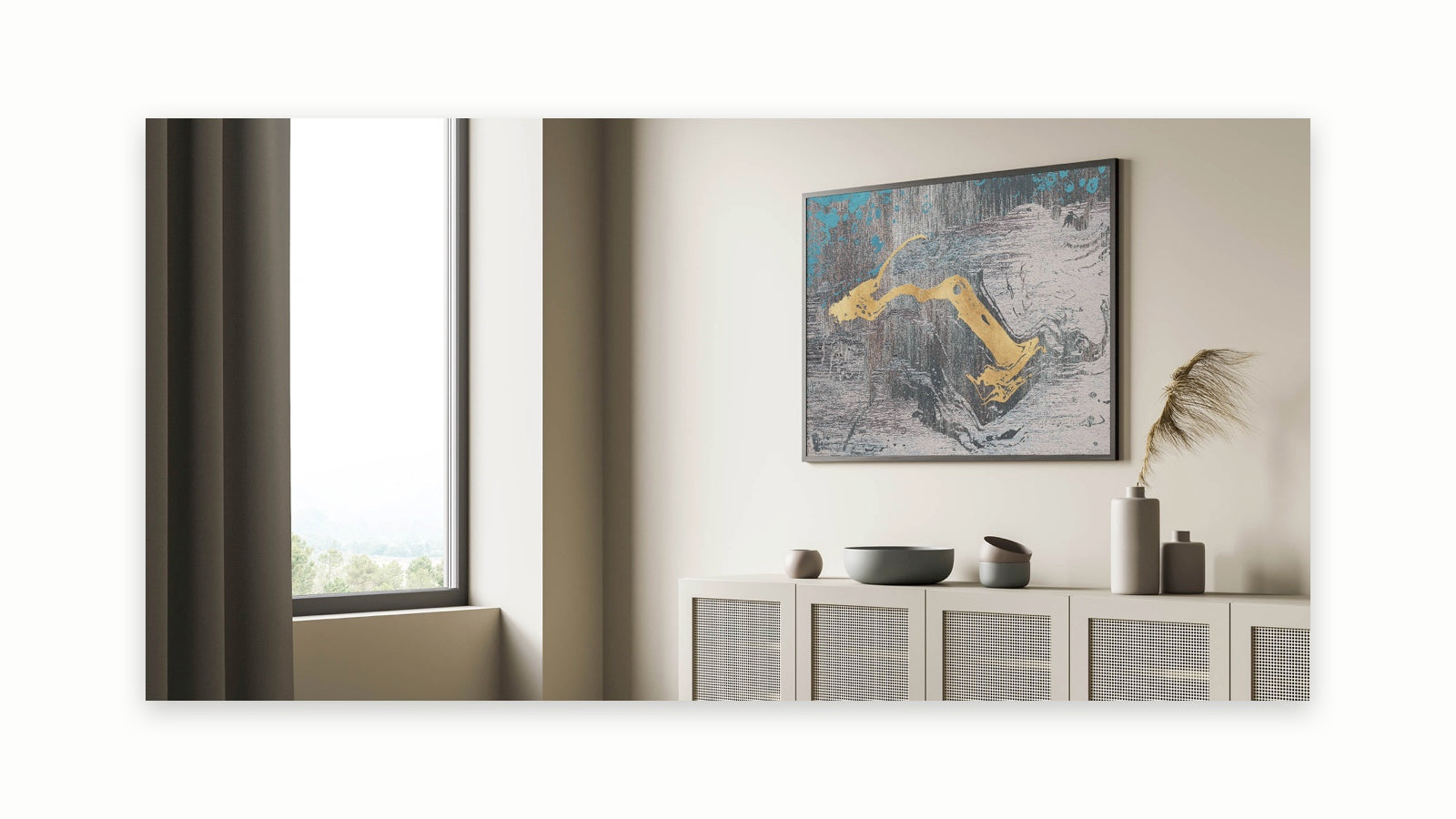 Golden Brush Strokes on Textured Abstract Line Art - Modern Wall Decor