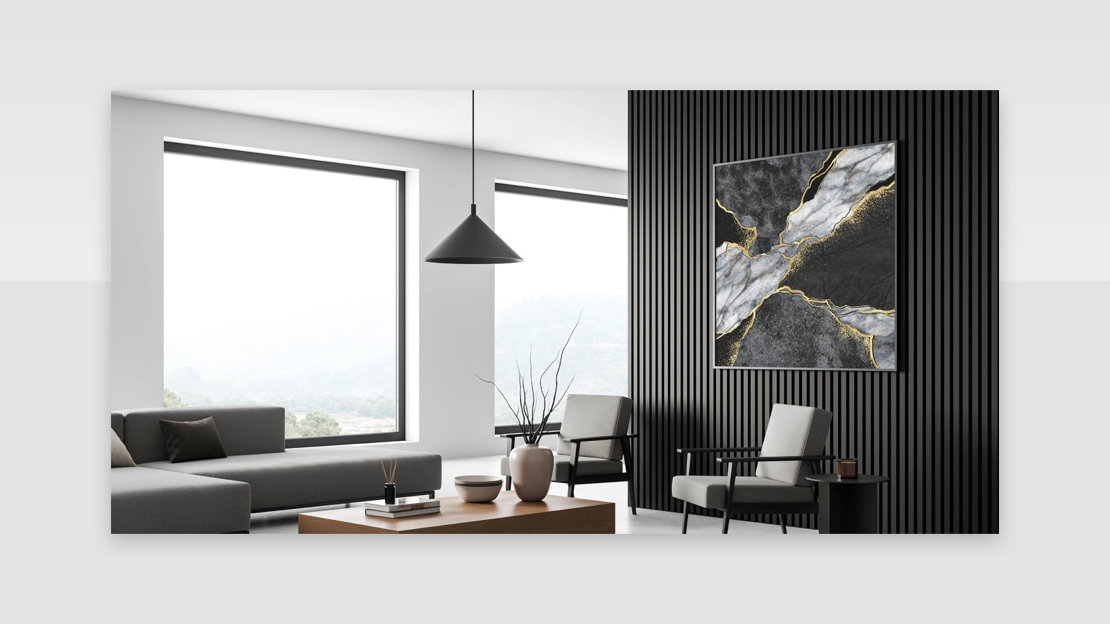 Elegant Black and White Abstract Art with Gold | Monochrome Canvas