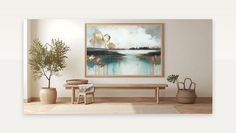 Abstract Landscape Art - Golden Trees and Serene Waters Wall Art