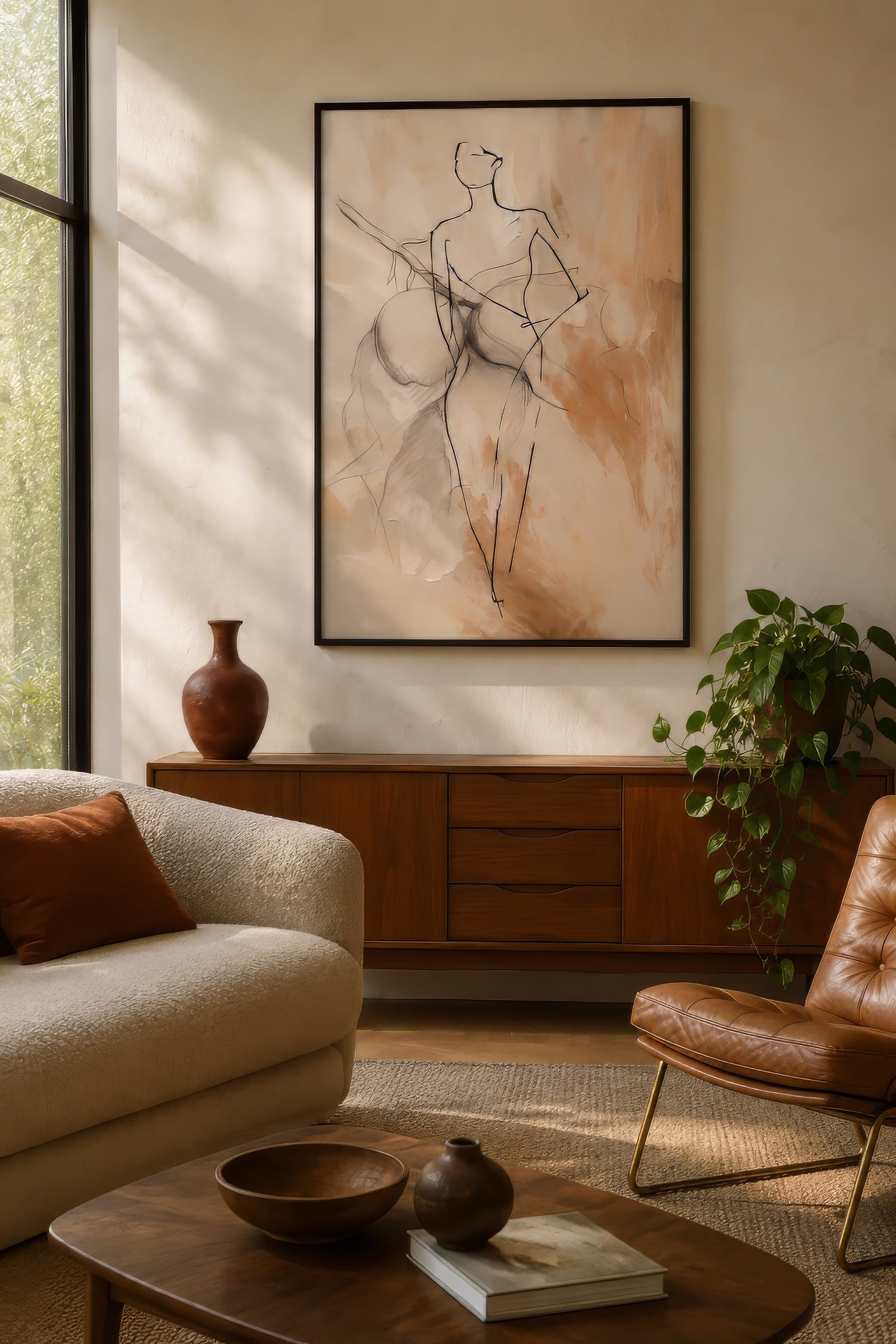 Minimalist charcoal figure drawing of a standing woman in terracotta and cream, black-framed above a wood credenza in a warm living room.