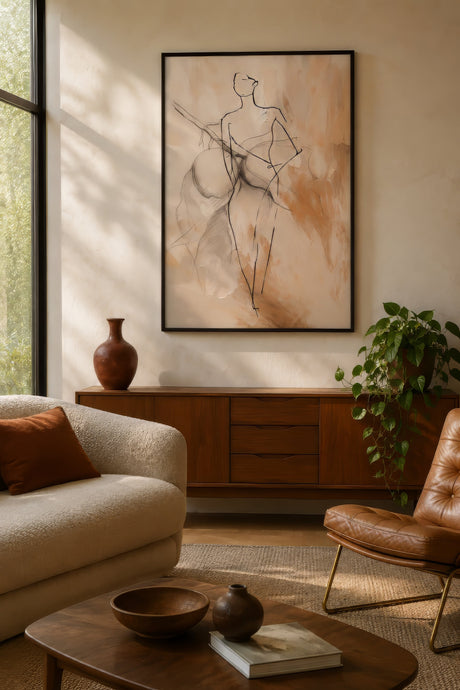 Minimalist charcoal figure drawing of a standing woman in terracotta and cream, black-framed above a wood credenza in a warm living room.