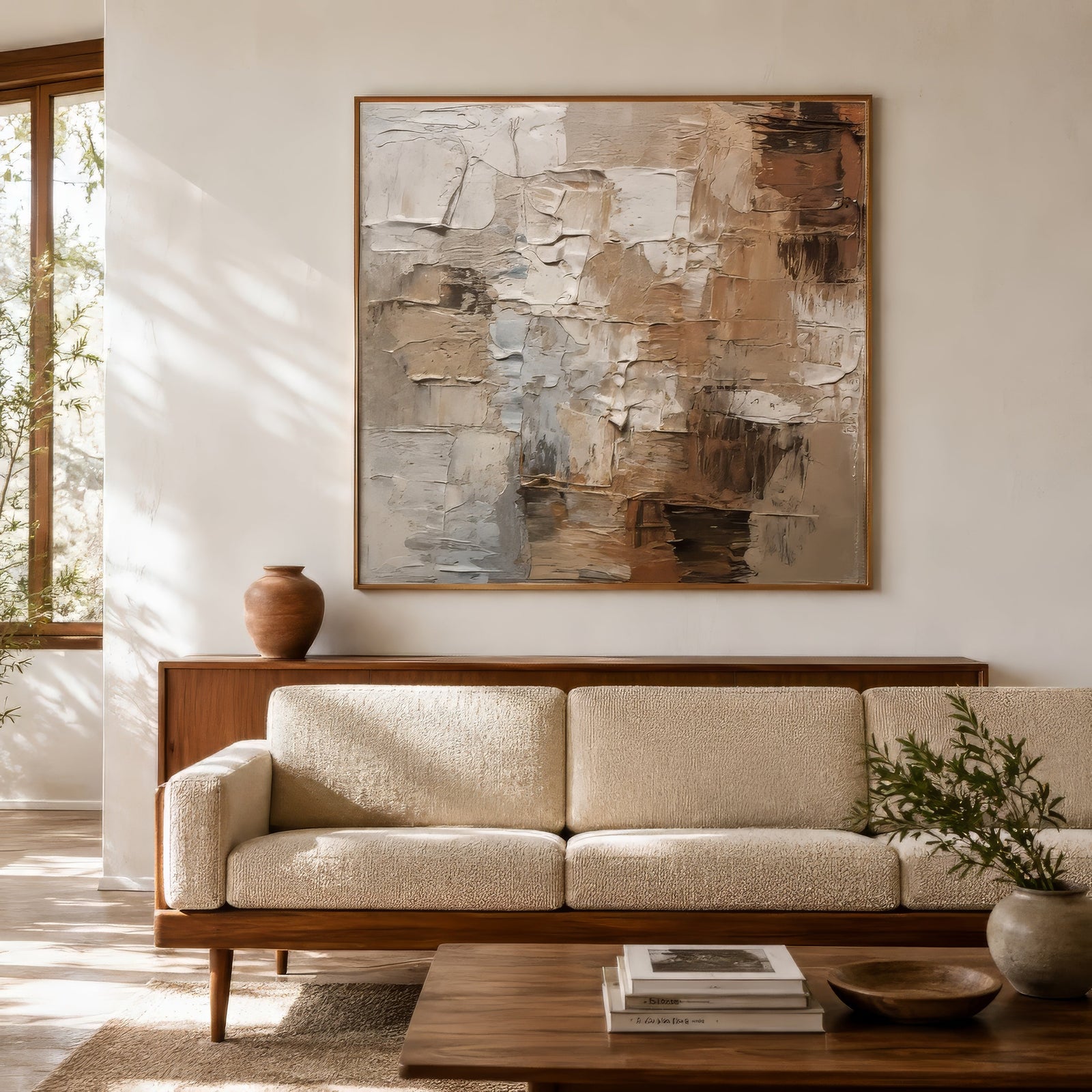 Warm gray and tan textured abstract canvas in a wood frame above a low boucle sofa in a sunlit minimalist living room.