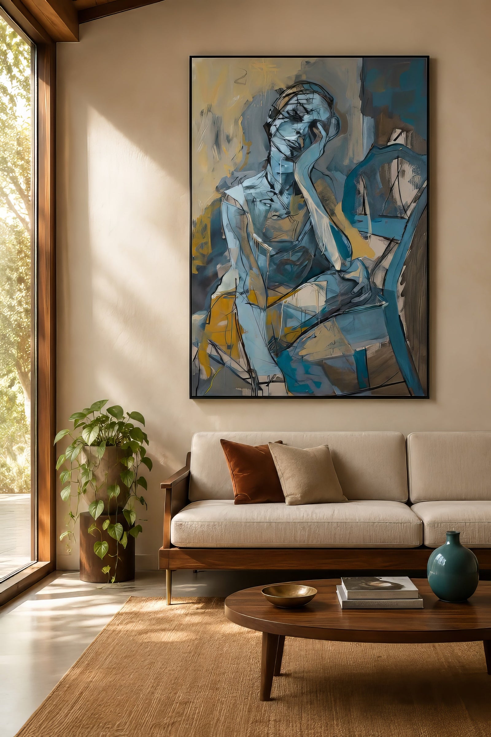 Abstract figurative canvas of a seated person in blue and gold, framed in black, above a beige sofa in a sunlit modern living room.