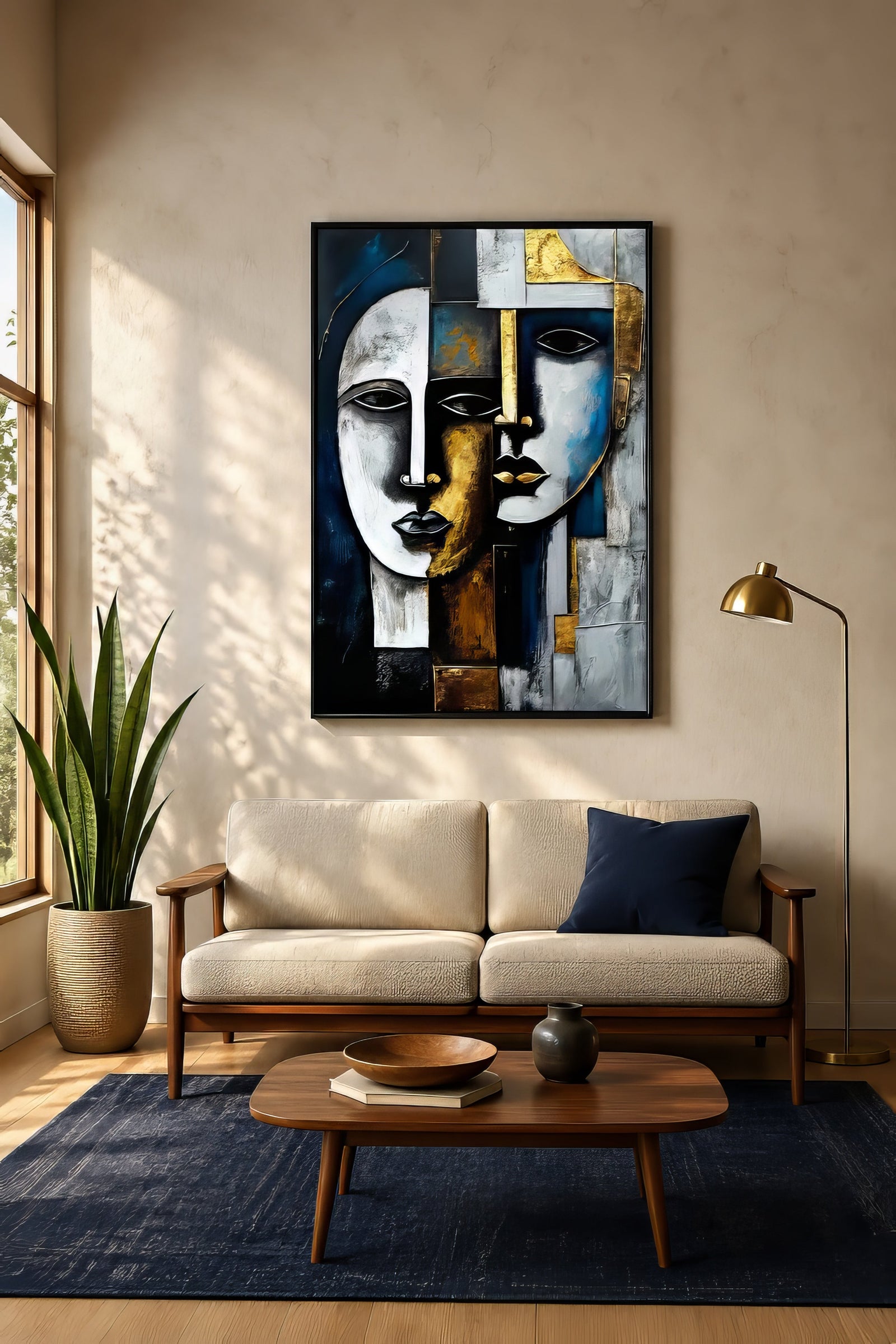 Abstract figurative face artwork in blue, gold, black and ivory, framed above a console in a modern living room.