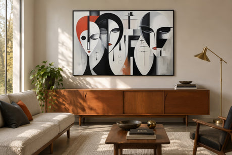 Abstract Cubist triptych of three faces in red, black, white, and grey, framed above a walnut credenza in a sunlit modern living room.