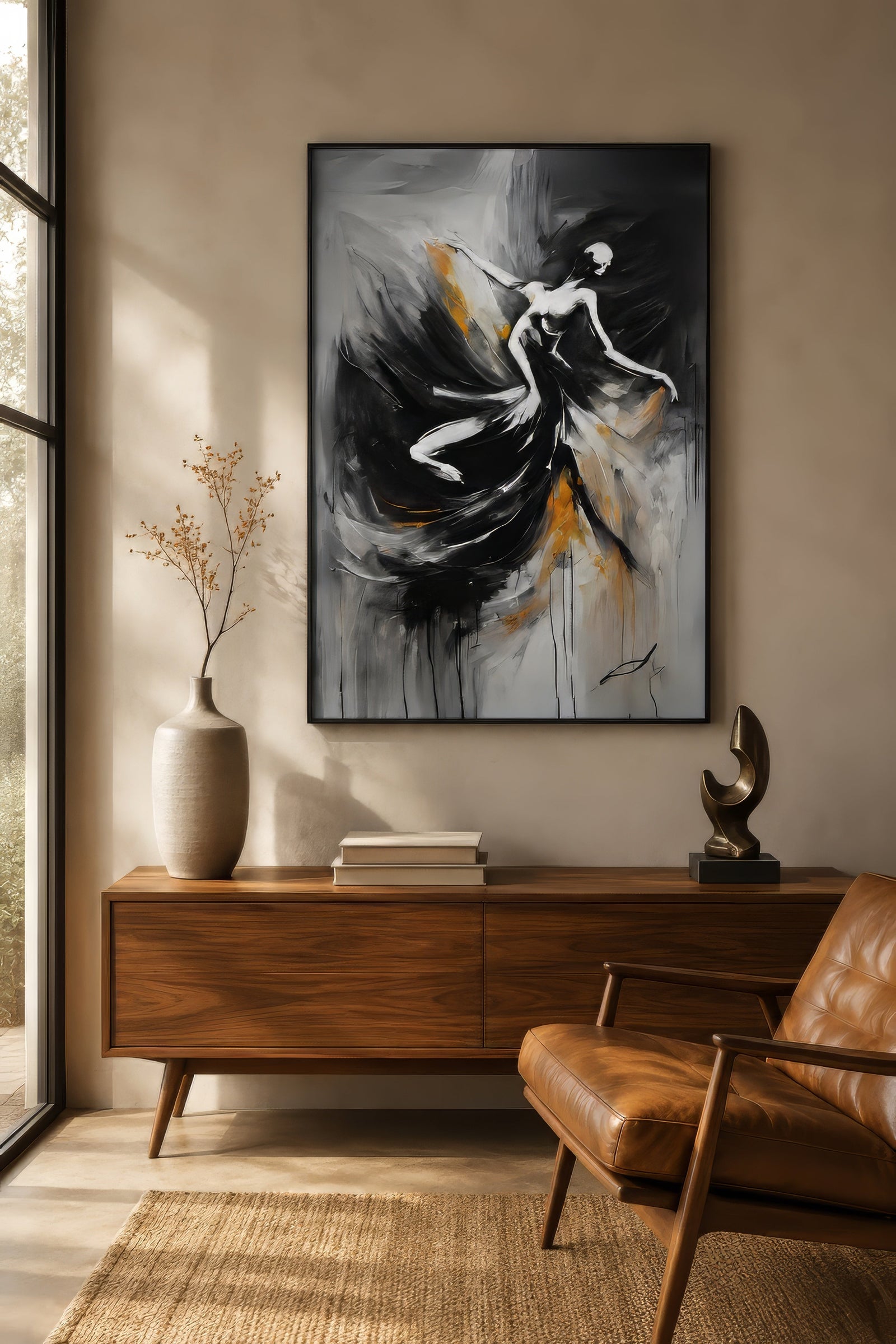 Abstract figurative painting of a dancing woman in black, white, and gold, framed above a walnut console in a warm modern entryway.