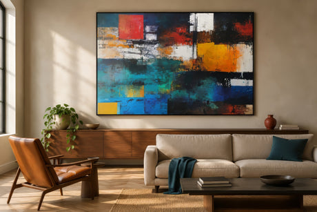 Bold multicolor geometric abstract canvas in red, teal, and blue above a neutral sofa, energizing a warm beige living room.