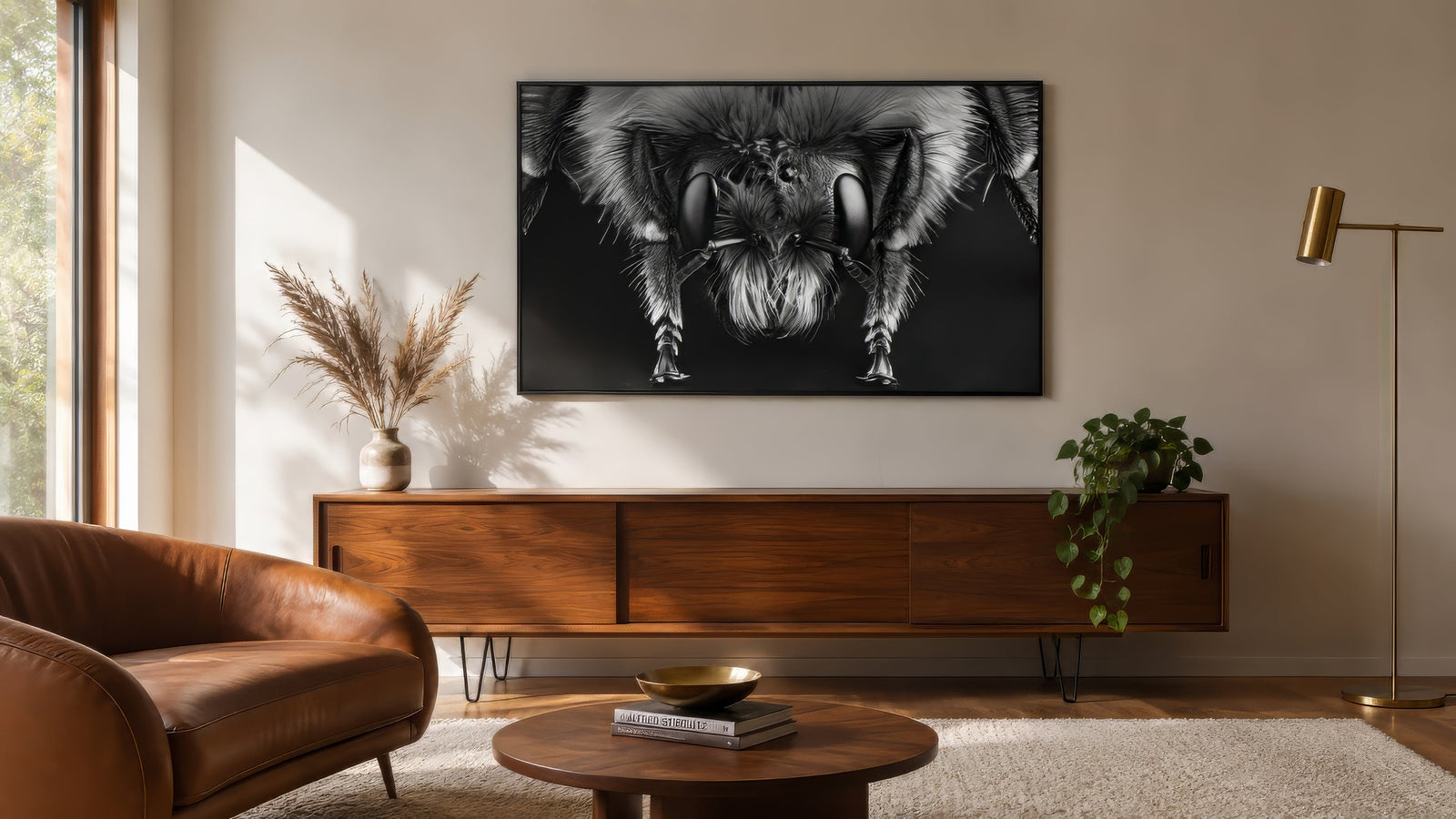Black and white fine art owl photography print framed above a wood console in a modern sunlit living room.