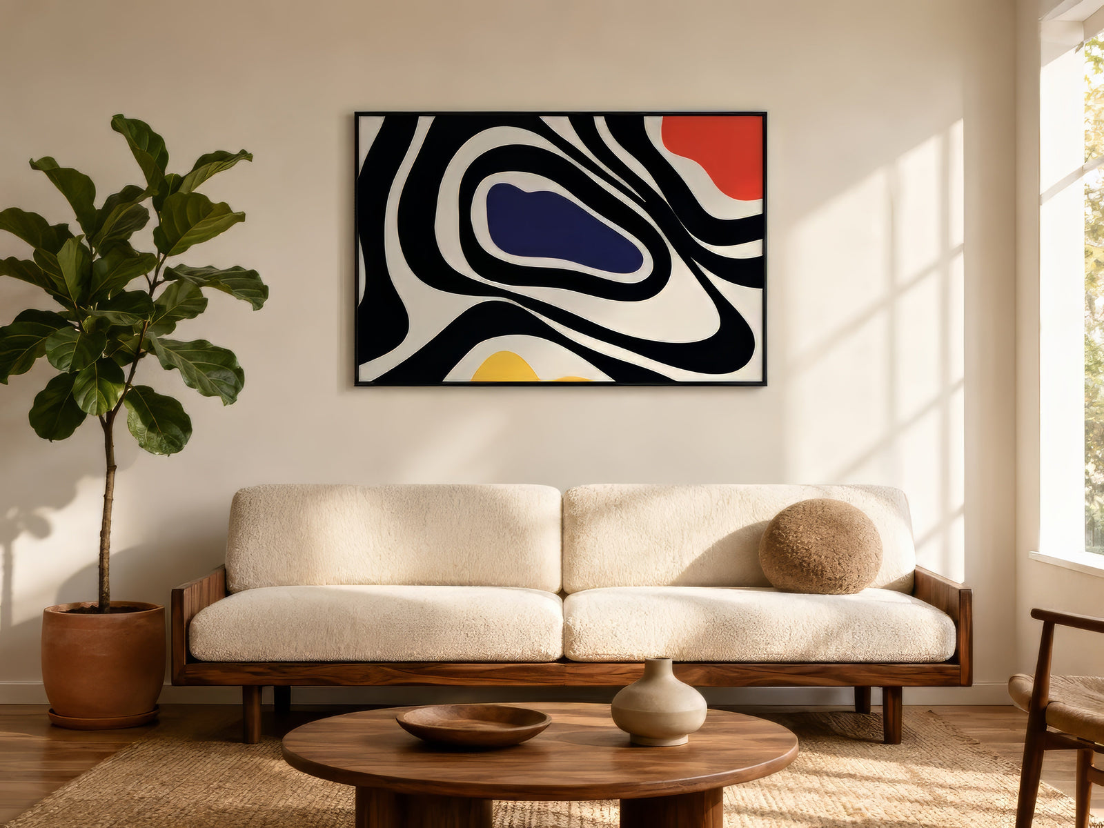 Bold abstract painting with swirling black, navy, red, and yellow shapes in black frame above cream boucle sofa in sunlit living room.