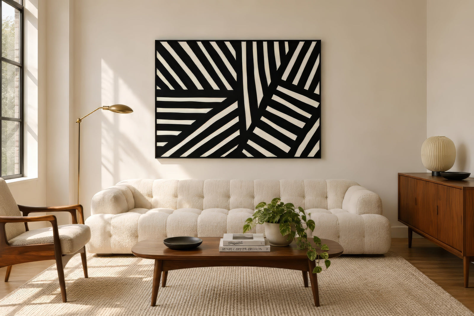 Black and ivory striped geometric abstract print in black frame above a boucle sofa in a bright modern living room.