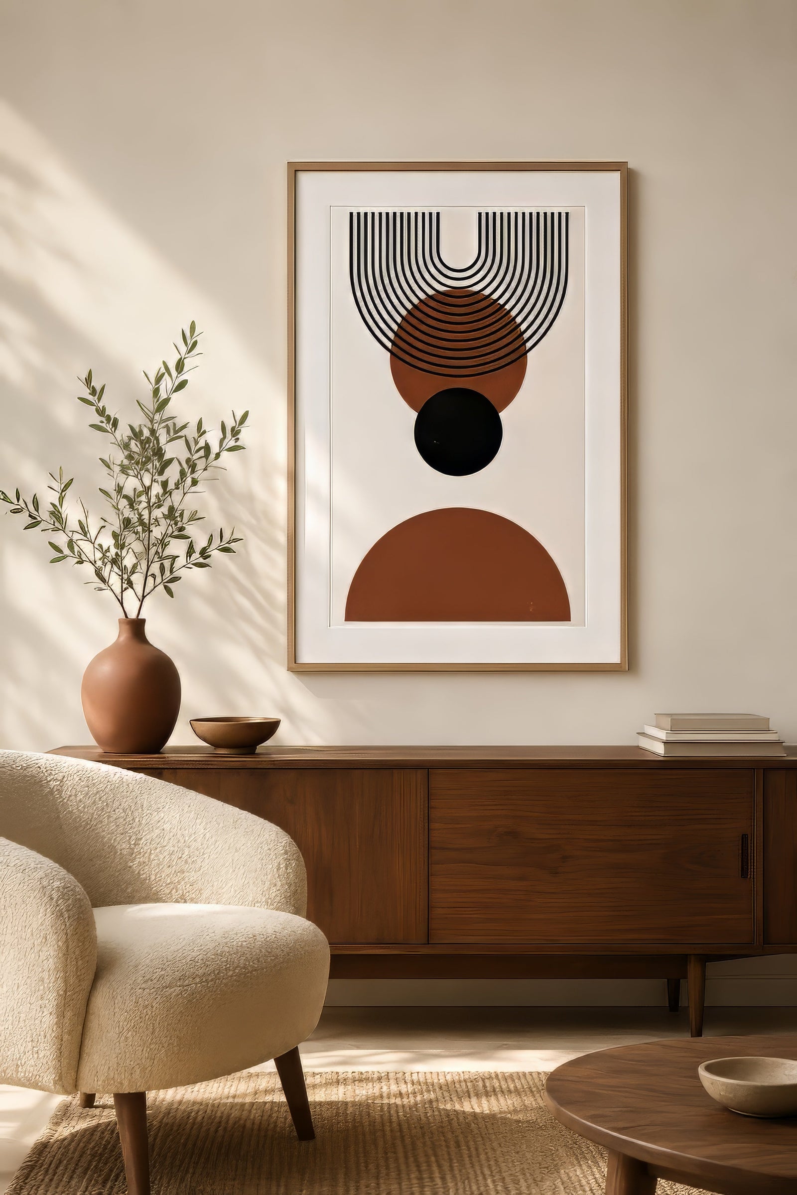 Minimal geometric line art with terracotta half-circles and black orb, framed above a wood console in a sunlit small apartment.