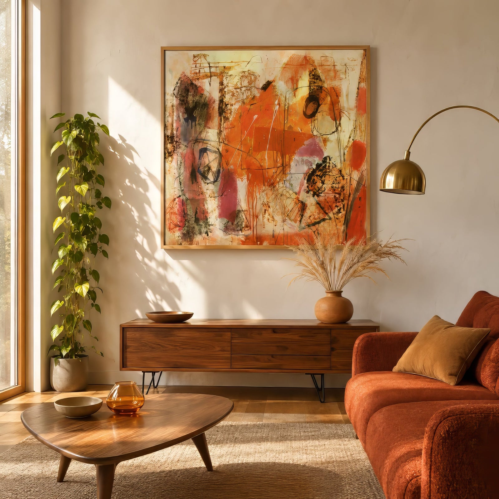 Expressive abstract art in red, orange, and ivory with gestural strokes, framed above a rust sofa in a sunlit modern living room.