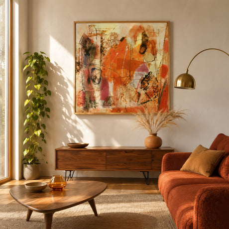 Expressive abstract art in red, orange, and ivory with gestural strokes, framed above a rust sofa in a sunlit modern living room.