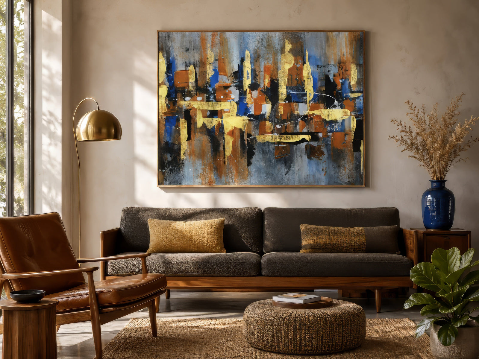 Contemporary abstract cityscape print in blue, gold, and rust, framed above a gray sofa in a warm modern living room.