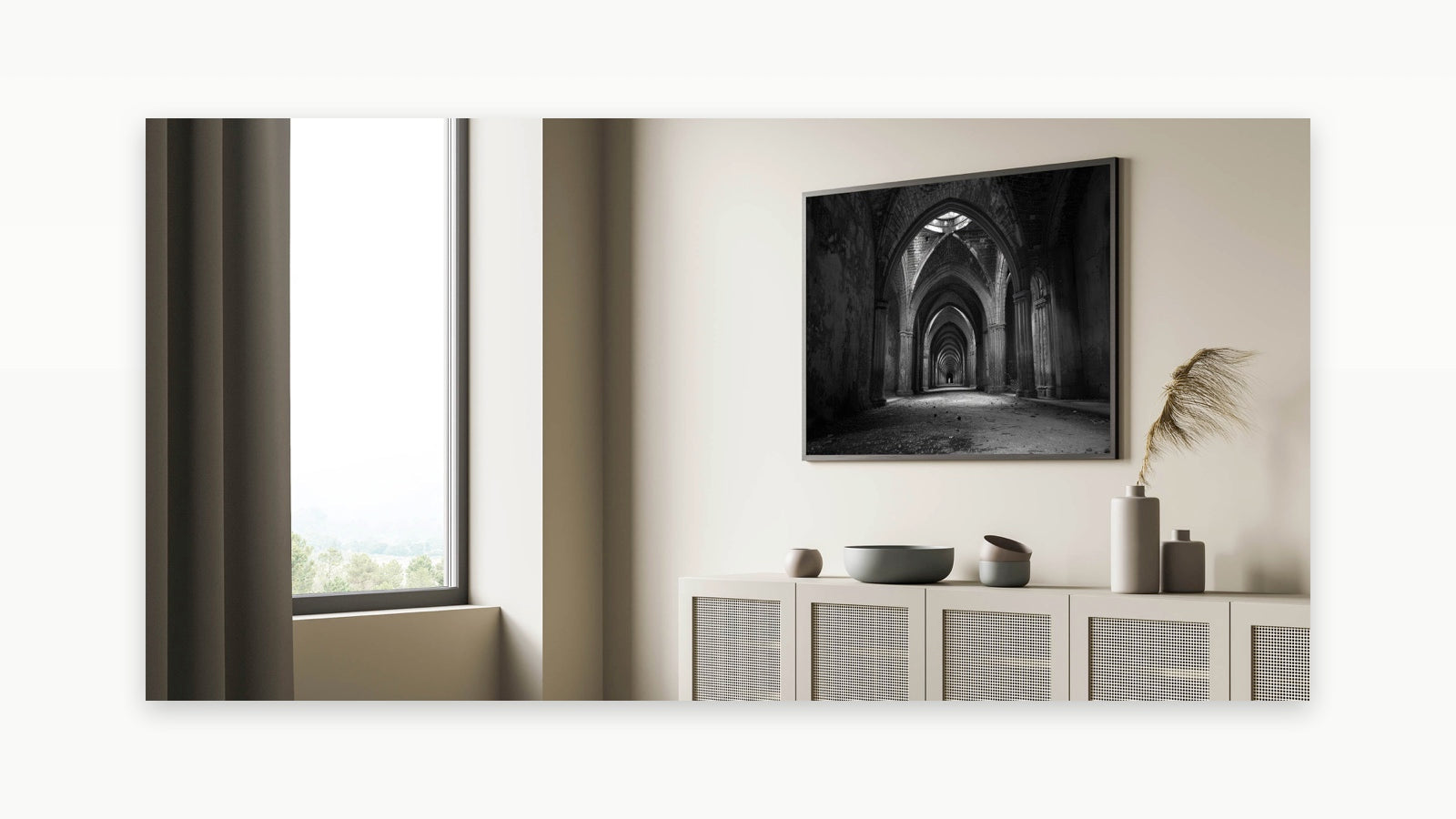 Gothic Arches Wall Art - Dramatic Black and White Corridor Print