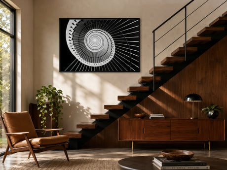 Vertical black and white spiral staircase canvas in a black frame, hung on a tall stairwell wall above oak treads in a modern living room.