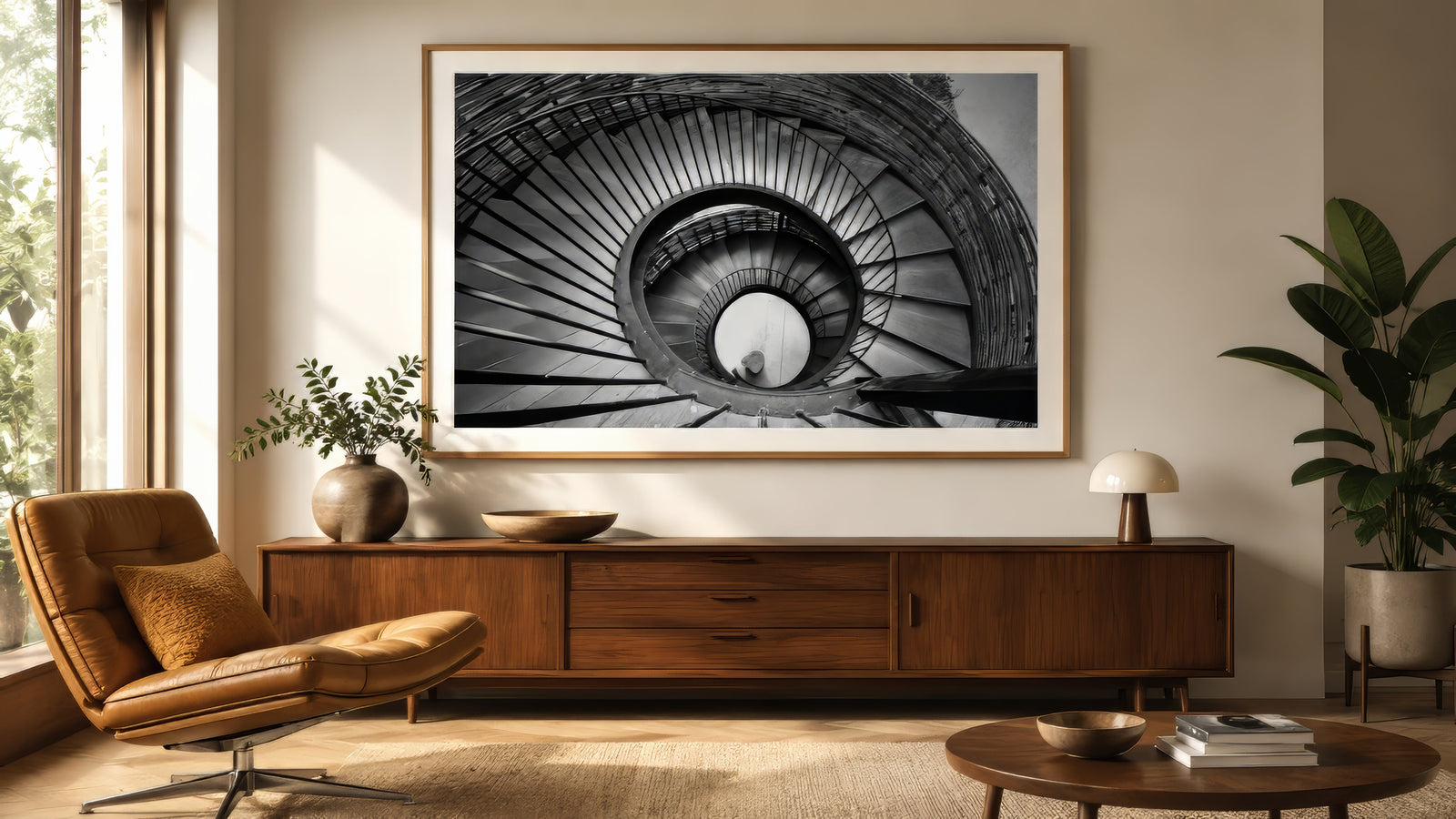Black and white spiral staircase canvas in light wood frame above mid-century credenza in warm neutral living room.