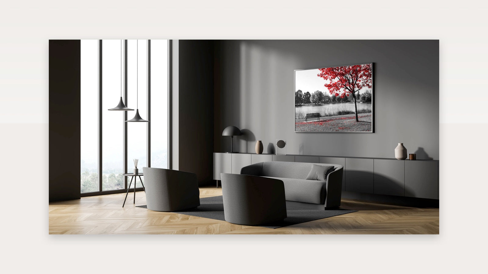Striking Red Tree by the Lake - Black and White Contrast Photography Art