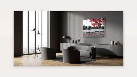 Striking Red Tree by the Lake - Black and White Contrast Photography Art