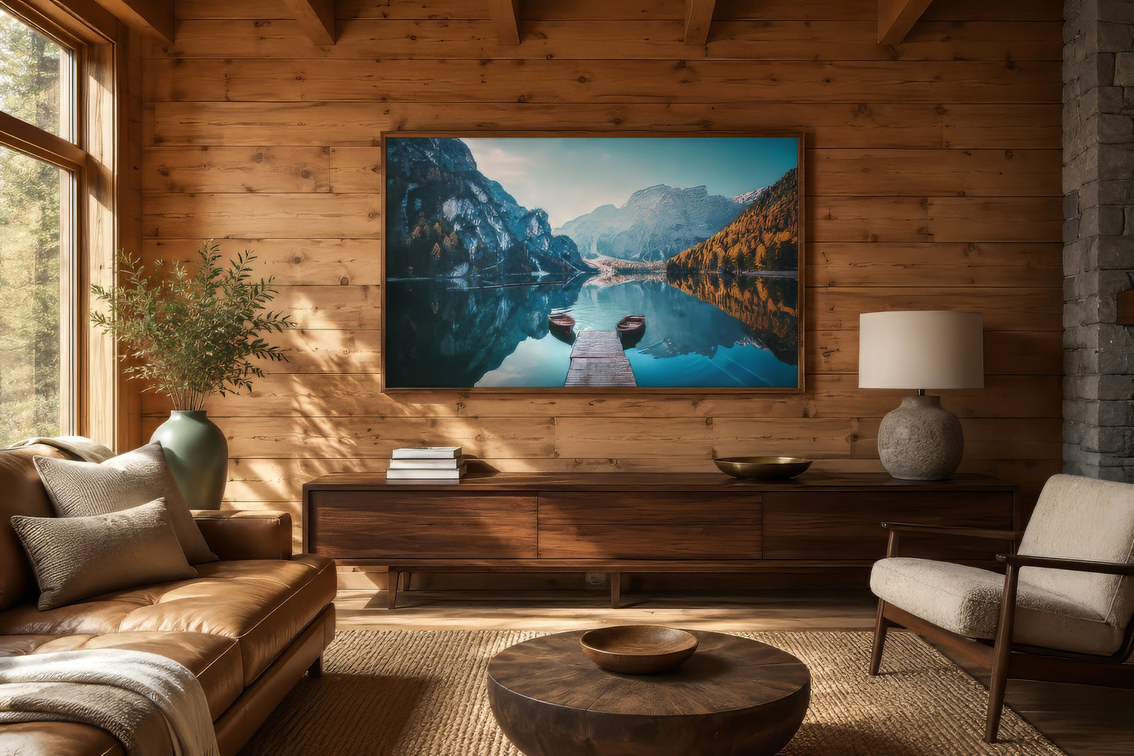 Alpine lake print with wooden boats and dock, blue and turquoise tones, rustic wood frame above console in timber cabin living room.
