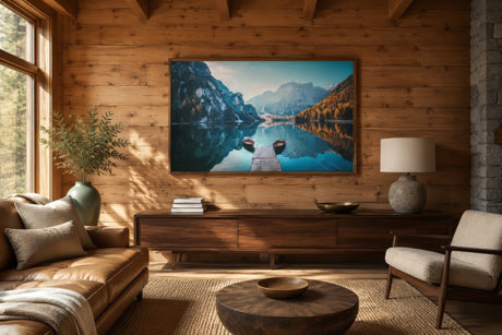 Alpine lake print with wooden boats and dock, blue and turquoise tones, rustic wood frame above console in timber cabin living room.