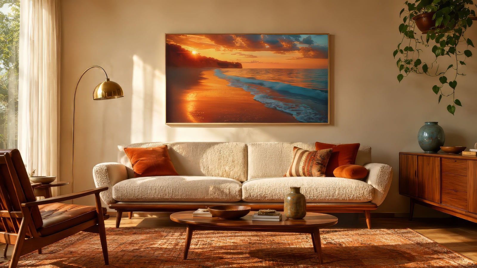 Sunset seascape canvas with golden sand, orange sky, and turquoise waves, framed above a linen sofa in a warm coastal living room.