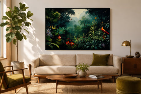 Rainforest canopy canvas in deep green with a red parrot and flowers, black frame, above an oak console in a modern living room.