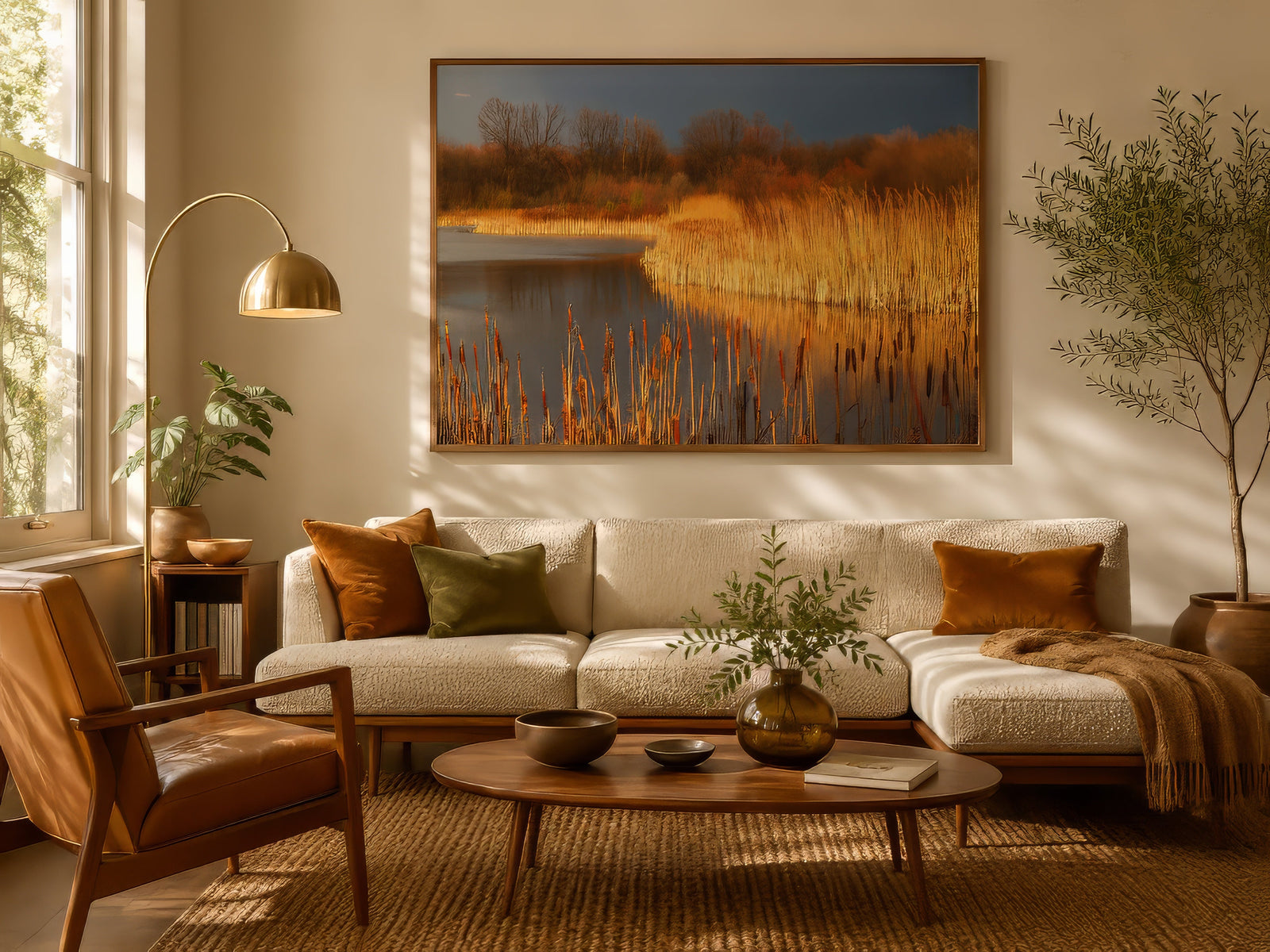 Earthy swamp scenery canvas of golden marsh reeds over slate water, framed above a linen sofa in a warm nature-inspired living room.