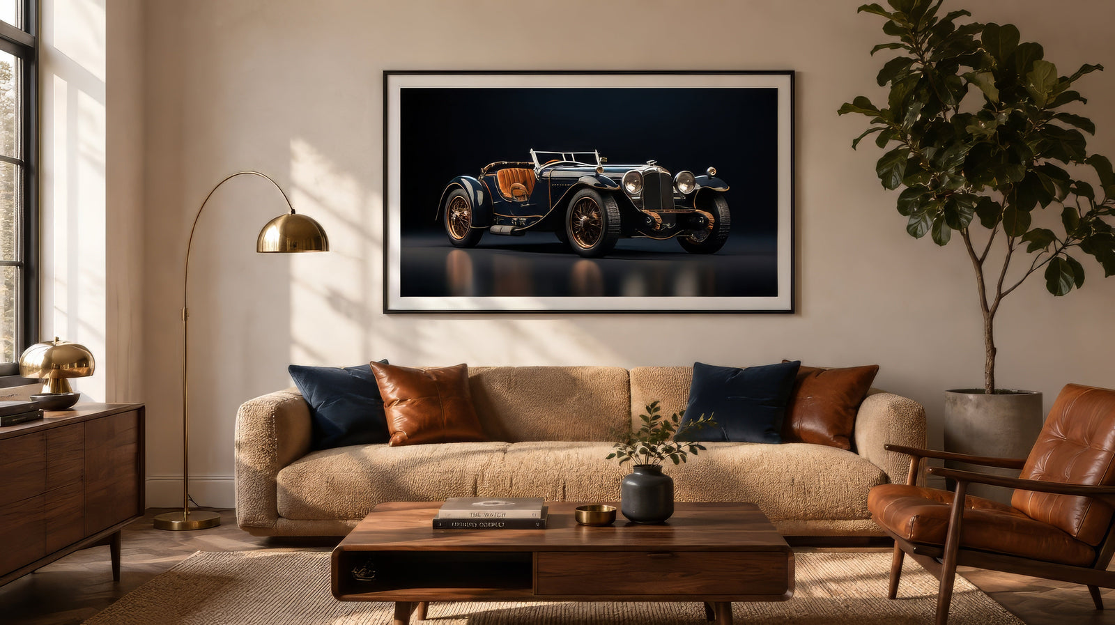 Black-framed vintage roadster print in blue and chrome tones, hung above a wood console in a warm modern living room.