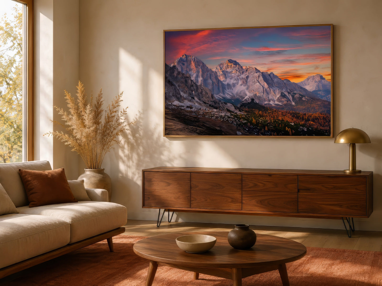 Sunset mountain landscape print with orange sky and stone peaks in oak frame above walnut console in modern neutral living room.