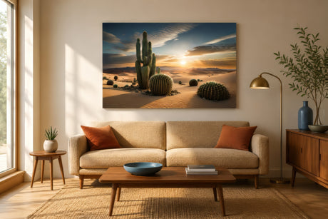 Desert saguaro and barrel cactus canvas art in warm gold and sand tones, hung above a console in a neutral rattan living room.
